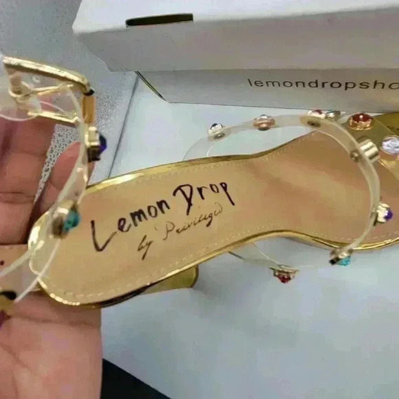 NEW IN BOX Lemon Drop by Privilege Strappy Gold Sandals 6.5 High Heel W/Stones - Picture 8 of 16